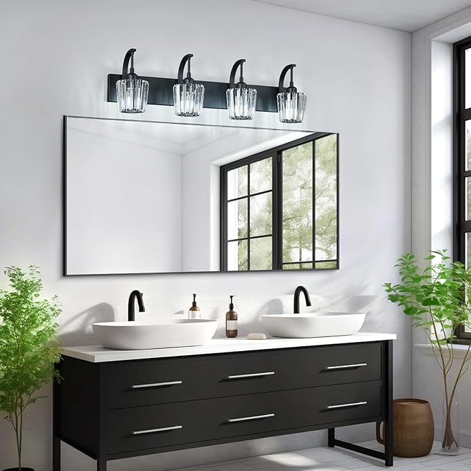 FDPBY Modern Bathroom Vanity Light, 4-Light Black Wall Sconce with Crystal Accents, Over Mirror Bathroom Lighting Fixture, 32.67" Long Dimmable Vanity Lamp for Makeup, Easy Installation
