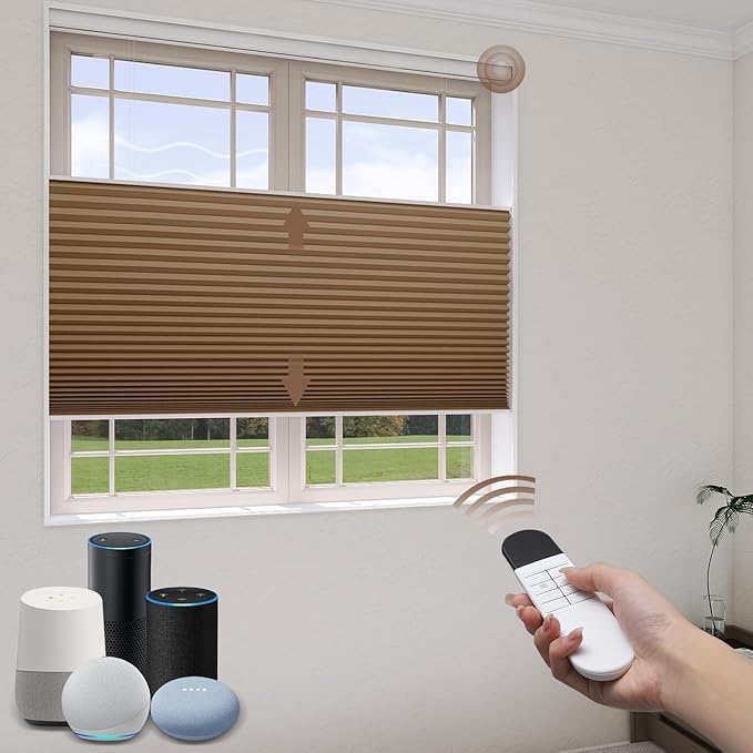 LEXEN Smart Top Down Bottom Up Honeycomb Shades WiFi Enabled Motorized Cellular Blinds Compatible with Alexa/Google Home Double Cellular Fabric Blackout Insulated Custom Sizes-Brown