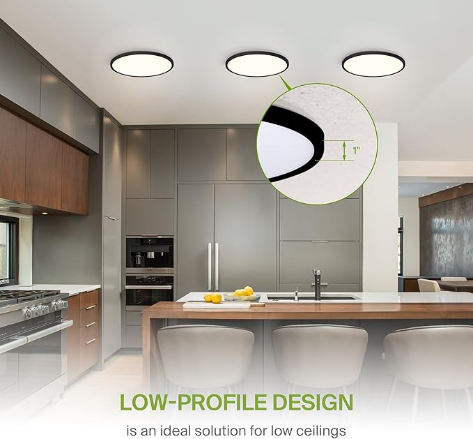 ASD LED 12" Round Flush Mount Ceiling Light Fixture, Low Profile Surface Lighting | 5CCT, Dimmable, Ultra-Thin, ETL Listed | 24W 1900LM 2700-6000K 120V | Kitchen, Bedroom, Hallway Lamp | Black, 4 Pack