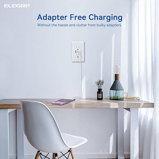 ELEGRP USB Outlets, 15 Amp Wall Outlet with 3 USB Ports, Dual USB C Ports Outlets, TR Tamper-Resistant USB Outlets Receptacles, Wall Plate Included, UL/CUL Listed, 2 Pack, White