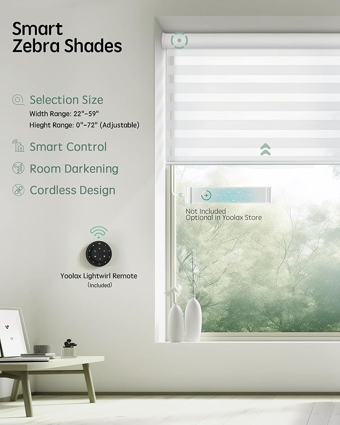 Yoolax Motorized Blinds with Remote, Electric Zebra Blinds for Indoor Windows, Room Darkening Smart Shades with Voice Control, Compatible with Alexa Google Home, APP Control, 35" W x 72" H, White