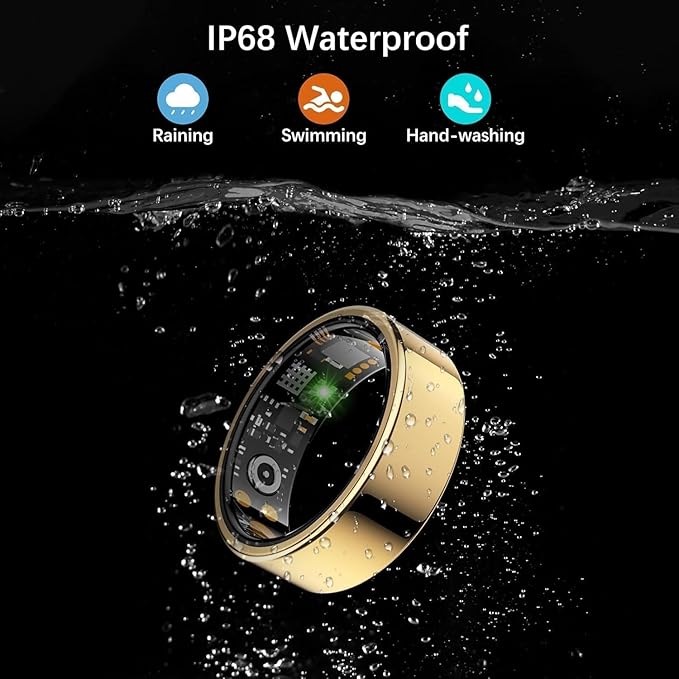 Smart Health Ring for Women Men, Fitness Tracker Ring with Heart Rate, Blood Oxygen, Sleep Tracker, Step Tracker, No Subscription Fee, IP68 Waterproof Smart Ring for iPhone & Android (Gold, 6#)