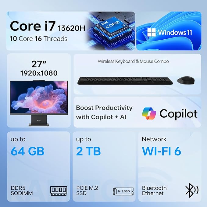 Lenovo IdeaCentre Business Computer All-in-One PC, 27" FHD 100Hz Display, Intel Core i7-13620H, 16GB DDR5, 1TB SSD, Wi-Fi 6, Windows 11 Pro with AI & Microsoft Copilot, Wireless KB & M, Grey