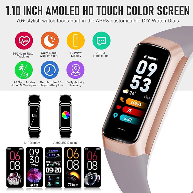 Fitness Tracker with 24/7 Heart Rate Blood Oxygen Sleep Monitor, 1.1" AMOLED Touch Screen Activity Tracker Smart Watches, IP68 Waterproof Step Counter Pedometer for Women Men