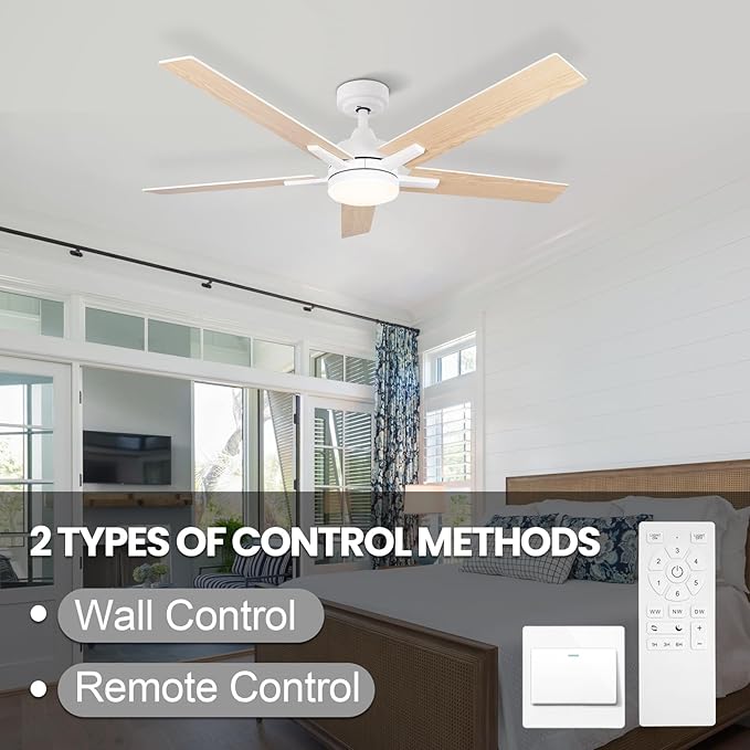 SODSEA Ceiling Fans with Lights, 52 inch White Ceiling Fan with Light and Remote Control, Reversible, 3CCT, Dimmable, Noiseless, Small Ceiling Fan for Bedroom, Indoor/Outdoor Use