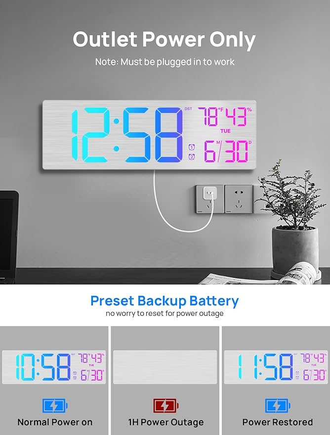 18.5" Large Digital Wall Clock with Remote Control, Big LED Display Digital Clocks with Night Light, Alarm, Countdown, DST, Temp, Date for Living Room, Bedroom, Office, Gift for Seniors(Silver)