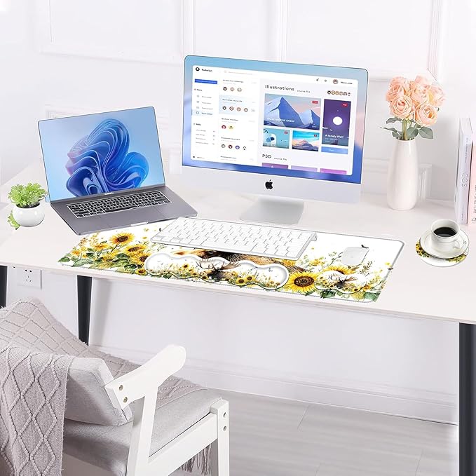 BFUKVOU Large Keyboard Mouse Pad Set, Extended Mouse Pad+Keyboard Wrist Rest Support, Memory Foam Ergonomic Easy Typing, 4Pcs (31.5×11.8 in) Desk Pad Set for Office Home,Deer and Sunflowers