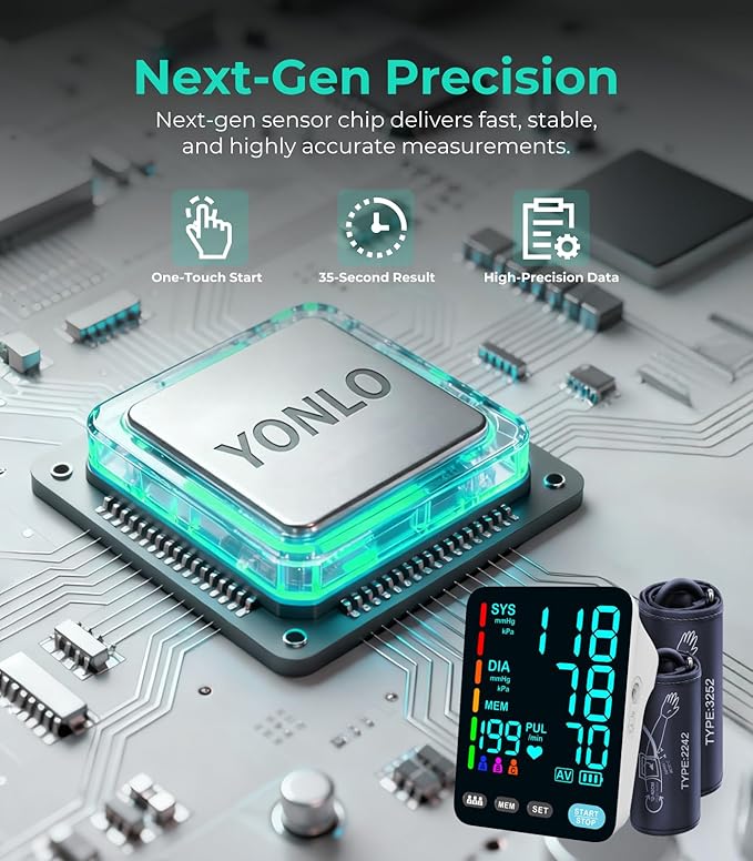 YONLO Blood Pressure Monitor, Automatic Upper Arm Blood Pressure Monitors for Home Use, 2 Blood Pressure Machine Cuff(9-17in & 13-21in) with Large LED Backlit Display, 3x199 Reading Memory Users White