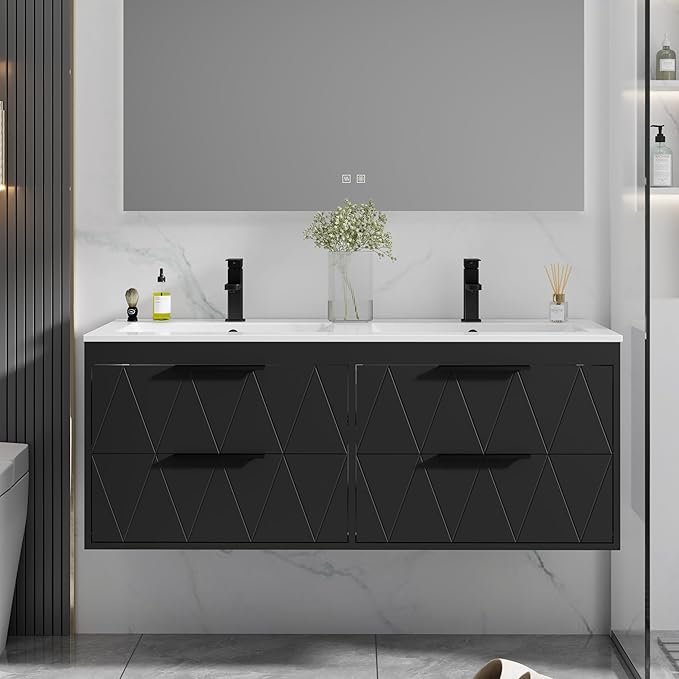 eclife 48" Bathroom Vanities Cabinet with Sink Combo, Wall Mounted Floating Cabinet W/Decor Line, Soft-Close System, 4 Extra Big Drawers, Matte Black Faucet, Black