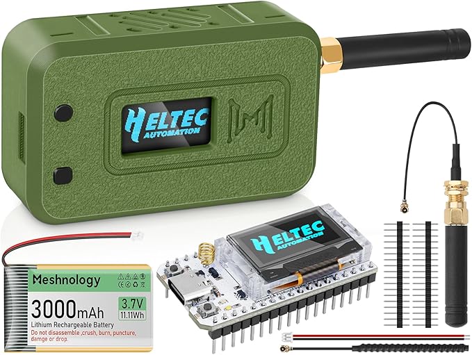 Meshnology 1 Set ESP32 Lo Ra V3 Module Board with 915 MHz Antenna + 3000mAh Battery + Case - WiFi Blue Tooth SX1262 CP2102 0.96” OLED Display Type C for Ar duino Mesh Tastic IOT (N35, Green)