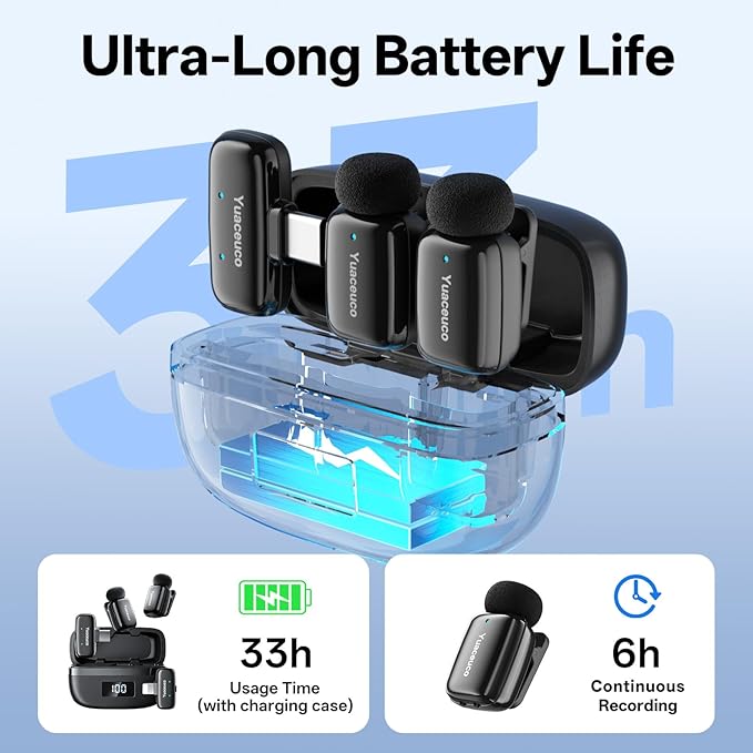 Yuaceuco Mini Wireless Lavalier Microphone for iPhone ipad Android, Noise Reduction and Mute, 33h Charging Case, AI Voice Changer, 131FT Range, Mini Lapel Mic for Video Recording, Vlogging, YouTube
