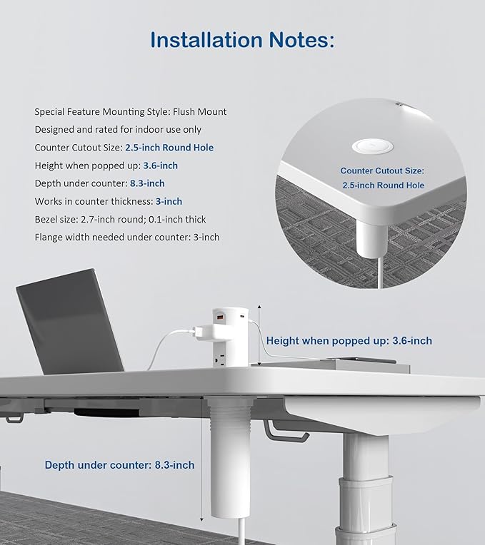 Jgstkcity 2.5 inch Hole Pop up Outlet for Countertop,20W USB C,4 USB Ports,4 Outlets 15Amp Receptacle Flush Mount,Space Saver Recessed Outlet,1875W,ETL Listed,2 PCS (White, 20W USB)
