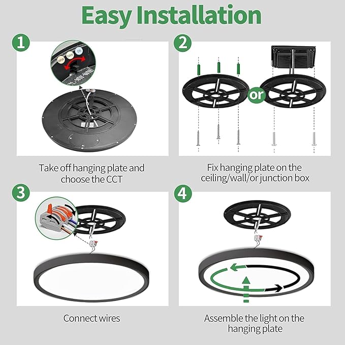 6PK 15.8 Inch LED Flush Mount Ceiling Light Black, 32W, 3480LM, 3000K/4000K/6000K CCT Selectable, Round Flat Panel Light Low Profile Ceiling Light Fitures for Hallway, Kitchen, Bedroom, Laundry Room