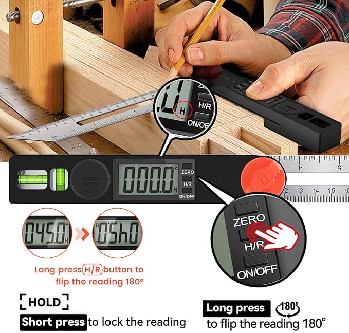 NORTOOLS Digital Angle Finder Protractor, Plastic Angle Finder 7inch/200mm 0-360 ° LCD Digital Protractor Ruler,±0.5° Accuracy Measuring Tool for Woodworking/DIY/Miter Saw (2 Batteries Included) ﻿