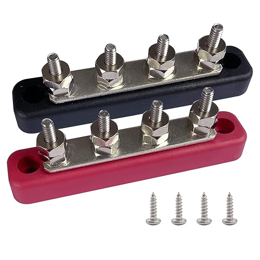 4 x #10 (M5) Studs Bus Bar, Ampper 4.2" Power/Ground Distribution Block Brass Battery BusBar Junction with Cover for Auto Boat Amplifier and More (Red & Black)