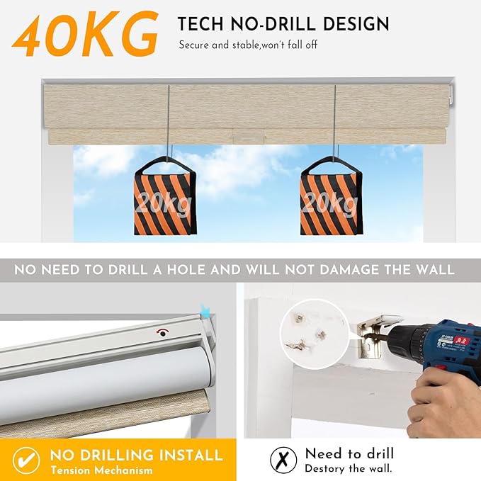 Persilux Smart Motorized Blinds with Remote, No Drill Automatic Roller Shades for Indoor Windows, Blackout Linen Fabric, Electric Blinds for Windows, Nature Khaki C153BO-3, Custom Size
