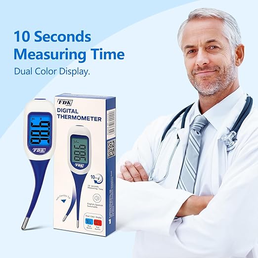FDK Large LCD Screen Digital Thermometer for Fever, 10 Seconds Fast & Accurate Readings, Large LCD Dual Color Backlight Flexible Tip Ideal for Adults Kids and Babies FSA