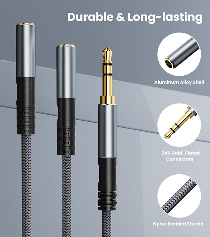 JOMLEY Headphone Splitter 1ft(0.3m), Audio Splitter 3.5mm 1 Male to 2 Female Adapter, Nylon-Braided 3.5mm Dual Headphone Jack Extension Cable for Headset, Smartphone, Tablet, Laptop