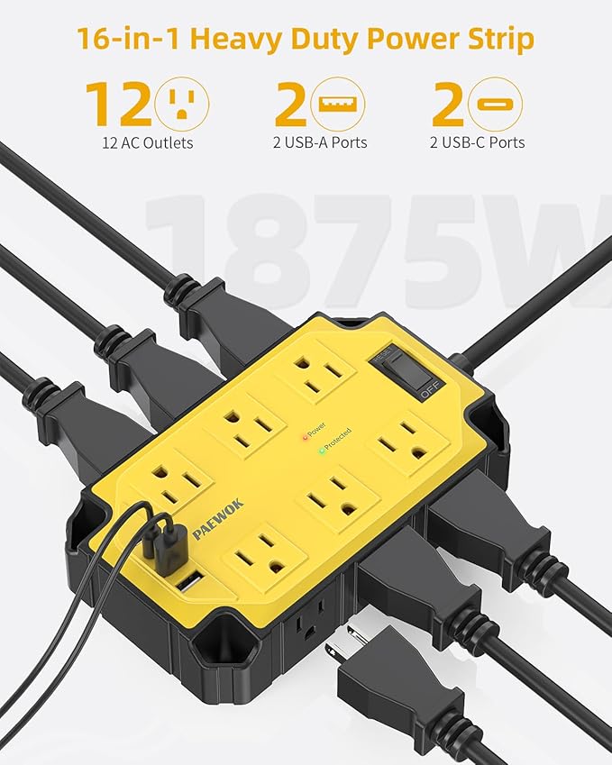 Heavy Duty Power Strip15 Amps/1200 Joules, 12 Outlets with 4 USB Ports (2 USB-C), Industrial Magnetic Surge Protector, 6.5 FT Extension Cord for Industrial Shop Garage (Yellow)