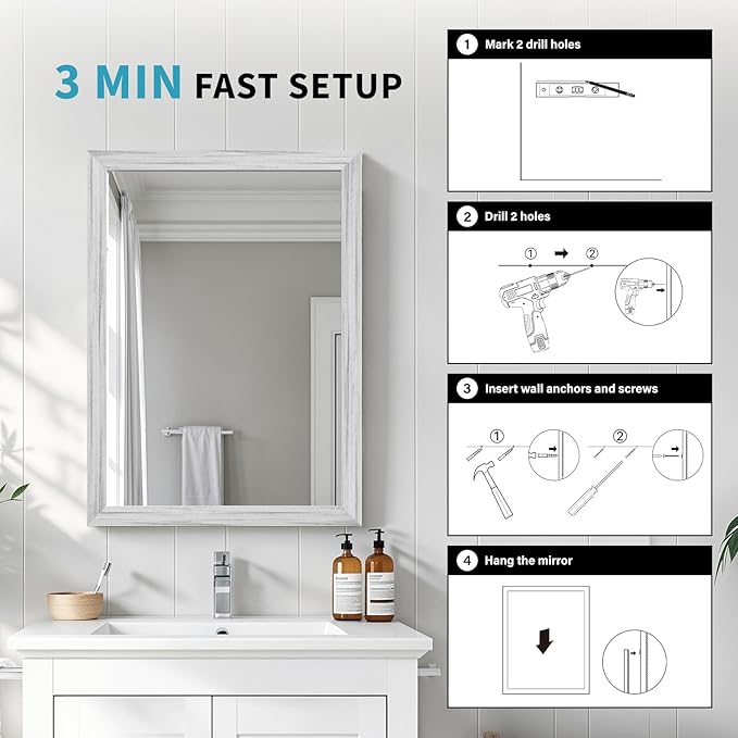 White Wood Effect Framed Wall Mirror, 24x32 Rectangle Mirror, Anti-desilvering Tempered Glass, Sustainable& Sturdy Frame, Anti-Rust, HD Reflection &3min Fast Setup for Bathroom Living Room