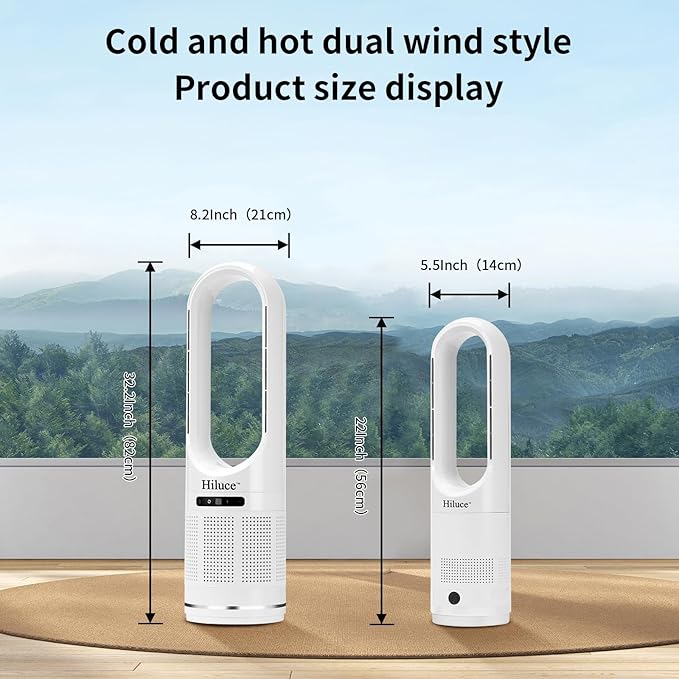 Hiluce 3-in-1 Bladeless Fan with Air Purifier,Indoor Heater,Fan and Heater Combo HEPA Filter,Tip-Over Switch,26ft/s Quiet Tower Fans,80°Oscillating, 8 Speeds, 9H Timer, 32 inch Large