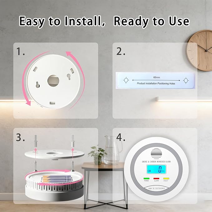 Virtue Sensor Smoke & Carbon Monoxide Detector, 2-in-1 CO Detector Alarm for Home Garage RV with LCD Display Safety Alarm System Audible and Visual Alert (1 Pack with Batteries)