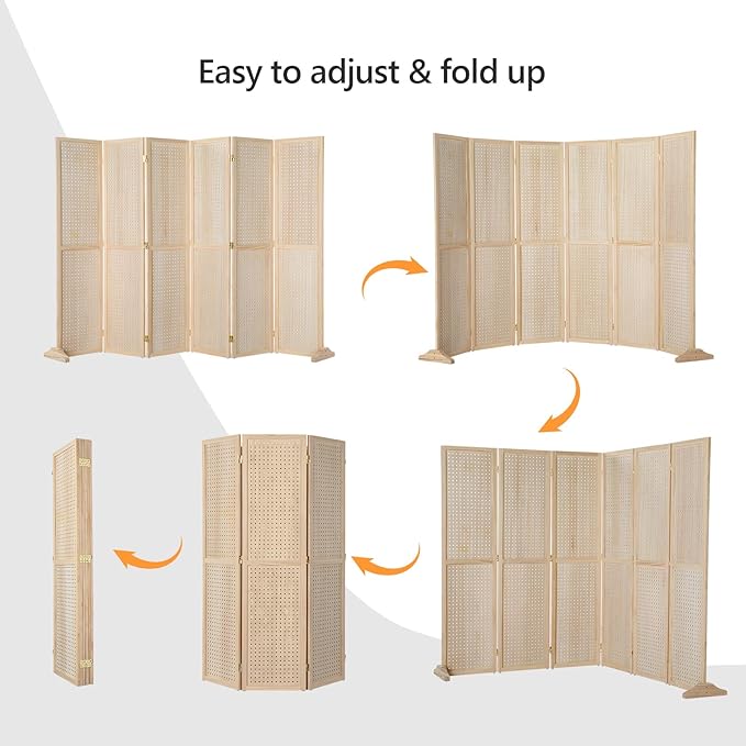 Bonnlo 4/6 Panel Pegboard Freestanding, 5 FT Portable Display Board Organizer for Craft Show Jewelry, Wooden Folding Privacy Screen Room Divider (Natural, 6 Panel with Base)
