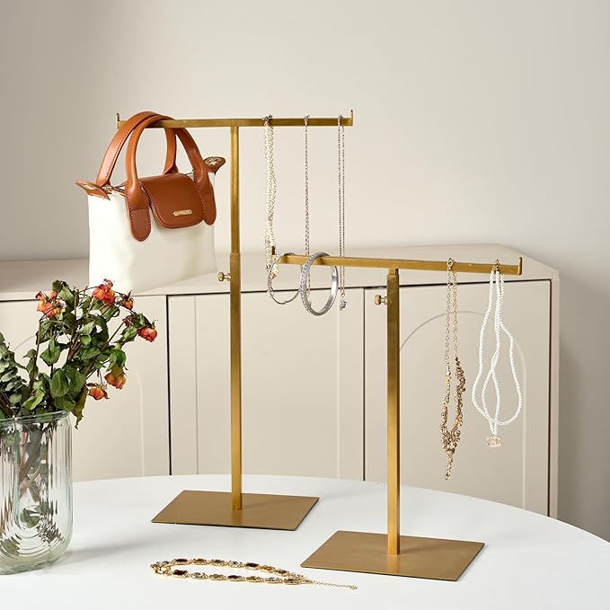 MCKECHSION Display Stand Stainless Steel Jewelry Towers Bag Stand Tabletop Double Hook Hanging Jewelry Stands for Necklaces Organizer Stand Adjustable Height Home Store Boutique, Gold