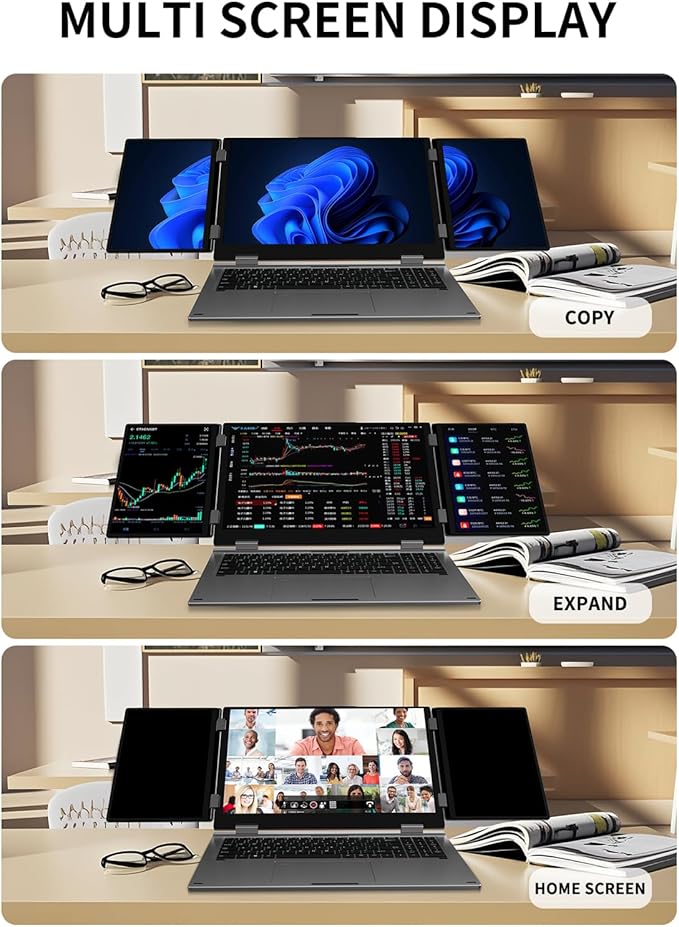 KOOFORWAY Triple Screen Laptop,16” Main + Dual 10.5” Monitors, Core i7-1270P, 32GB RAM,2TB SSD, Win 11 Pro,Wi-Fi 5,BT 5.0,Face & Fingerprint Unlock,USB-C,HDMI for Business/Design/Stock Trading