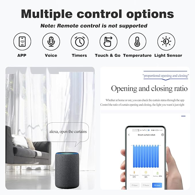 Smart Automatic Curtain Opener - Remote Controled by App/Timer/Voice,Upgraded High-Performance Motor, Automatic Light Sensor, Add Gateways,For Google Alexa,No Remote (Only for T/U track)