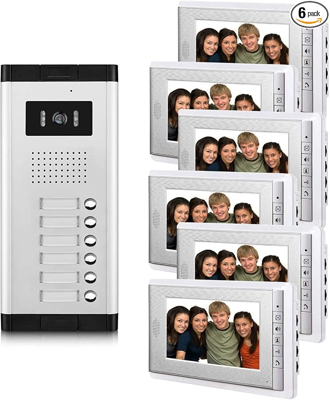 6 Units Apartment Video Intercom System, 7 inch Monitor Wired Video Door Phone by AMOCAM