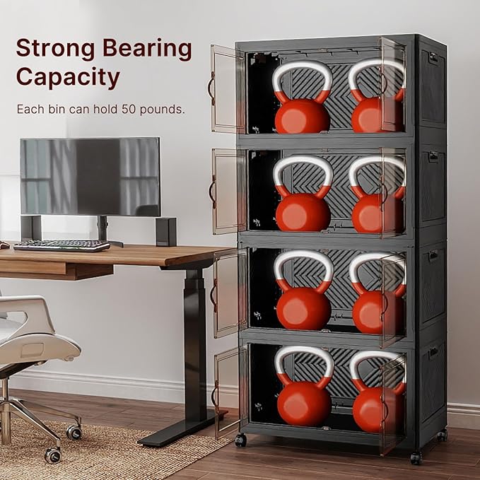 Extra Large Stackable Storage Bins with Lids & Wheels, 220QT-55QT/14GAL*4Pack Foldable Collapsible Closet Organizers Dark Storage Cabinet with Doors for Bedroom Dorm