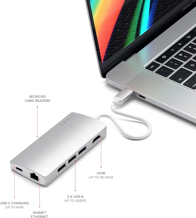 Satechi 8 in 1 USB C Hub Multiport Adapter V2, 4K HDMI, 115W USB C PD Charging, 3 USB-A, Ethernet, Micro/SD Card Readers, for Laptop, MacBook Air/Pro M5/M4, iPad, Windows - Silver