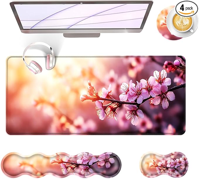 BFUKVOU Large Keyboard Mouse Pad Set, Extended Mouse Pad+Keyboard Wrist Rest Support, Memory Foam Ergonomic Easy Typing, 4Pcs (31.5×11.8 in) Desk Pad Set for Office Home,Cherry Blossom Floral