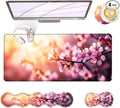 BFUKVOU Large Keyboard Mouse Pad Set, Extended Mouse Pad+Keyboard Wrist Rest Support, Memory Foam Ergonomic Easy Typing, 4Pcs (31.5×11.8 in) Desk Pad Set for Office Home,Cherry Blossom Floral