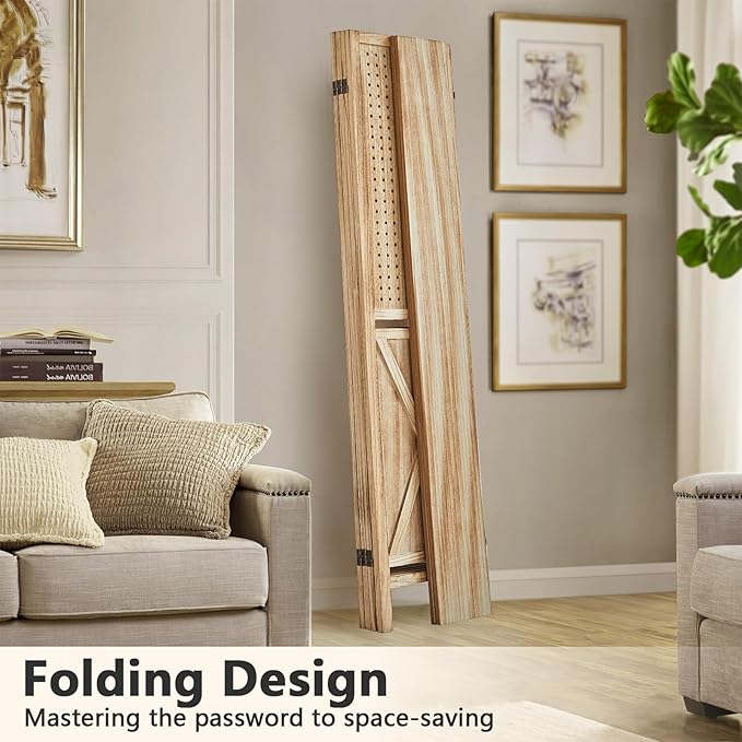 Aleesing 4 Panel Pegboard Display with 16 Hooks, Wooden Pegboard Room Divider Wall with Shelf, Partition Room Dividers and Folding Privacy Screens, Bedroom, Jewelry Store, Natural