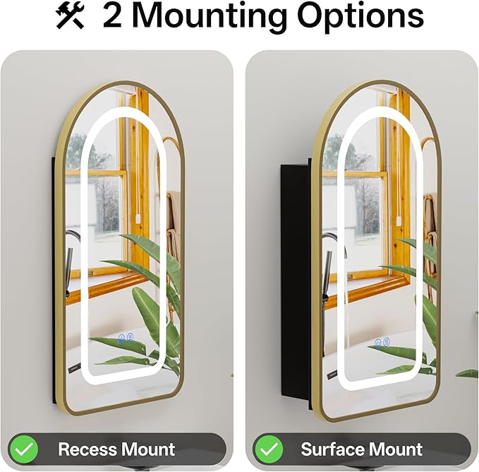 LED Arched Bathroom Medicine Cabinet with Mirror, No Assembly Needed, Recessed or Surface Mount Wall Storage Cabinet, Mirror Cabinet with Tissue Slot (Gold-LED, 29.5" L x 15.7" W)