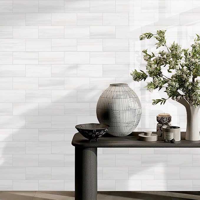 Vamos Tile 100-Piece Glossy Dolomite White Peel and Stick Backsplash Tile,3''x6'' PVC Subway Tile with White Grout, Stick on Backsplash for Kitchen/Bathroom/Fireplace