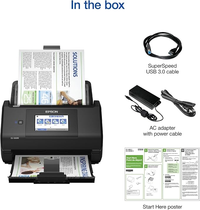 Epson Workforce ES-580W Wireless Color Duplex Desktop Document Scanner for PC and Mac with 100-sheet Auto Feeder (ADF), Intuitive 4.3' Touchscreen