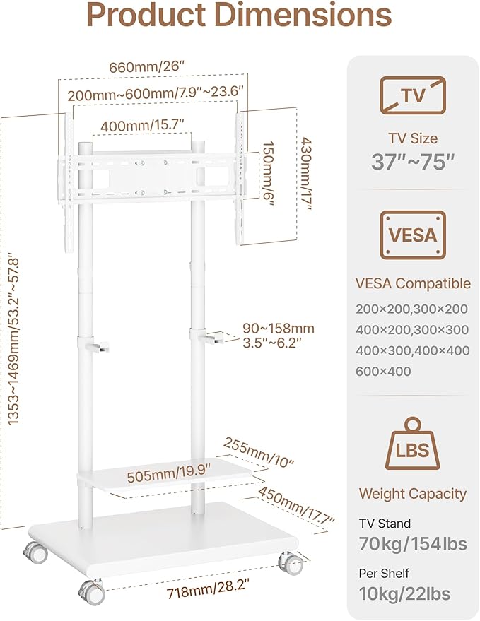 ECOTINY Steel Base Rolling TV Stand with Soundbar Mount for 37-75 inch TVs up to 154lbs, Swivel&Tilt Mobile TV Stand with Large Storage, Height Adjustable Heavy-Duty TV Cart, Max VESA 600x400mm, White