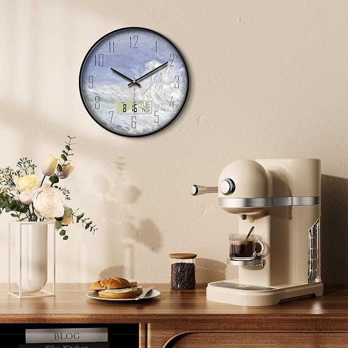 SCOAGE Digital Wall Clock Battery Operated with Day and Date Temperature Blue White Wave Calendar Clock with Large Display Silent for Room Bathroom Bedroom Living Room Farmhouse Decor 12 Inch