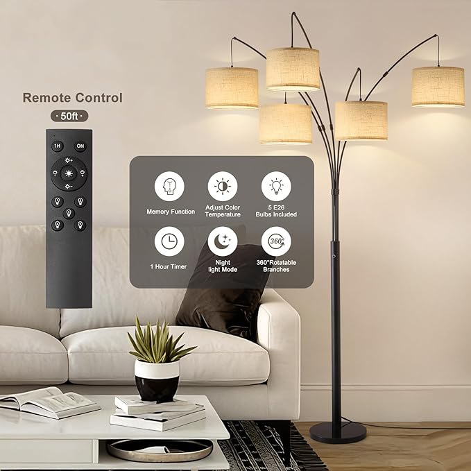 Fansdrick Floor Lamps for Living Room, 4000LM Super Bright Arc Floor Lamp with Remote Control, 5 Light Tall Floor Lamps with Stepless Dimmable, 80" Mid Century Tree Floor Lamp for Bedroom, Office