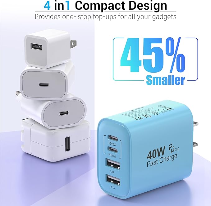 TT&C USB C Block 40W, 4 Ports Wall Plug Fast Charging Block, PD+QC Multiport Power Adapter USB C Charger Type C for iPhone 17, 17 Air, 17 Pro, 17 Pro Max, 16,15,14,13,12, Galaxy Phones (Blue 1Pack)