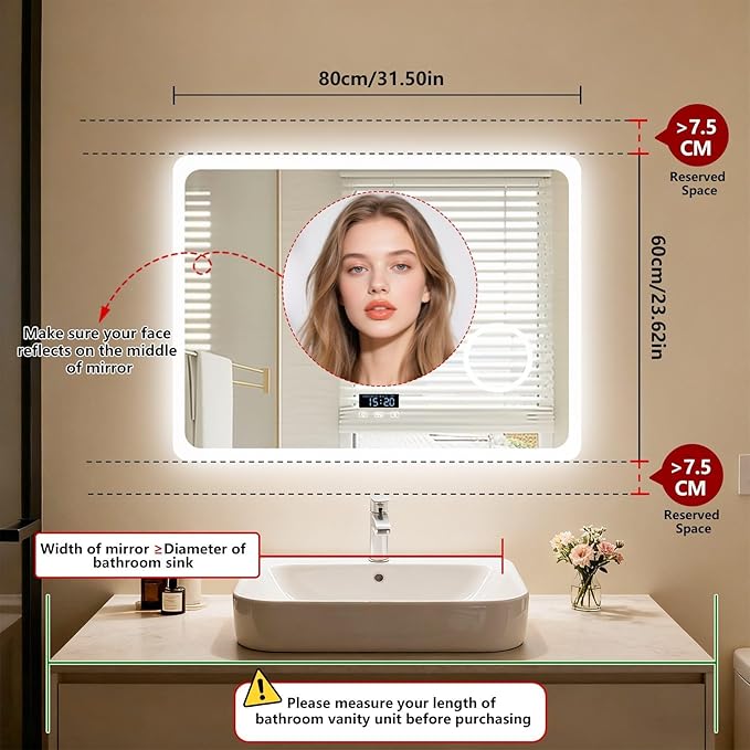 LUVODI LED Bathroom Mirror Rectangle: 32x24 inch Lighted Makeup Vanity with Bluetooth Speaker, Time Display, Magnifier, Anti-Fog, Memory Function, 3 Color Temperature