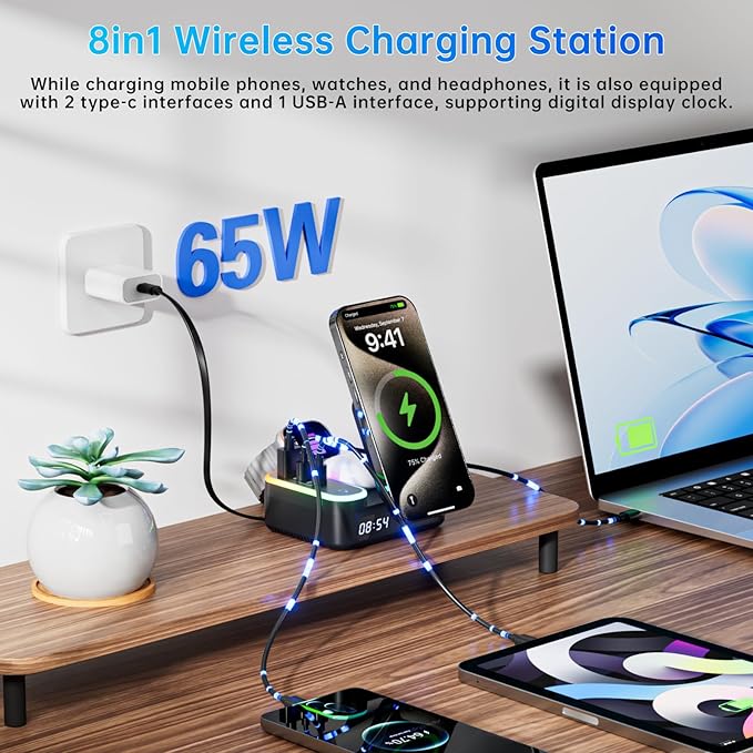 Qi2 Wireless Charger 8in1 Magnetic Wireless Charger Fast Charging Station for iPhone, 65W Fast Foldable Charger with LED Clock, USB-C/A Ports, Multi-Device Charging, Travel charged, MagSafe Compatible
