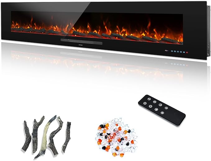 72" Electric Fireplace, Recessed & Wall Mounted Fireplace Heater 13 * 13 Colors Flame &Fuel Bed w/5 Dimmer, Touchscreen &Remote Control Temp, Overheating Protect, Hardwired, 1500W, Black