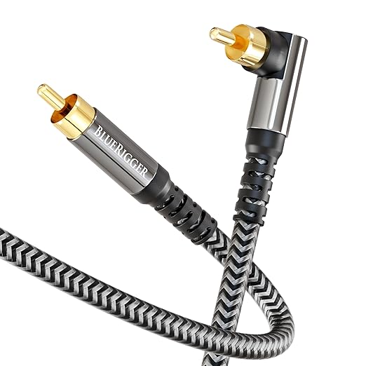 BlueRigger Subwoofer Cable 90D (25FT, RCA Audio, Dual Shielded, Gold Plated, Right Angled Male RCA Connectors) – Compatible with Subwoofer, Amplifier, Home Theater