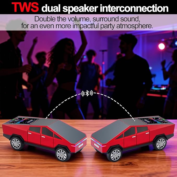 WSTER Futuristic Pickup Truck Bluetooth Speaker with LED Display Screen – Practical Gift Choice for Car Model Fans & Audio Users, TWS Stereo, FM Radio, USB/TF Playback, Front LED Headlights, Mic(RED)