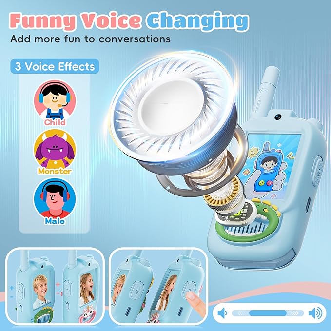 Video Walkie Talkies for Kids – Kids Walkie Talkies 2 Pack with Cute Silicone Cover, Voice Changer, 1000FT Range, Fun Indoor Outdoor Toys – Birthday Gift for Boys and Girls Ages 3-10（Blue+Blue）