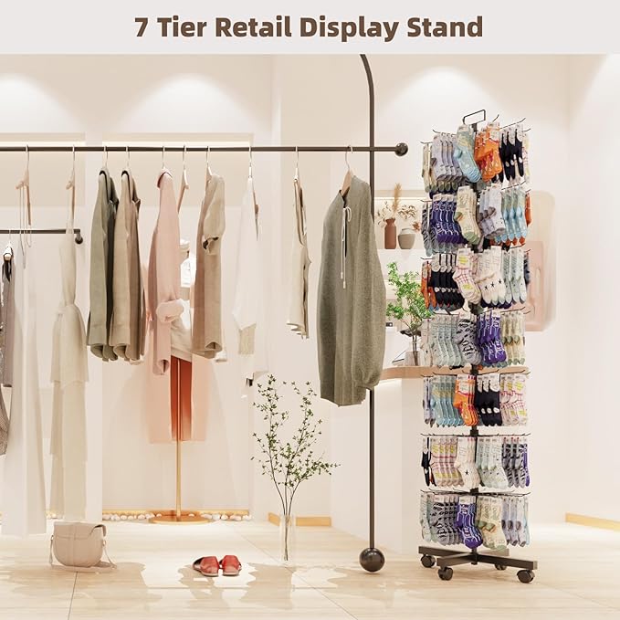 YEOOE Retail Display Racks 7 Tier Spinning Display Stand, Movable Shop Spinner Rack with Hooks, Retail Display Stand for Jewelry Keyring Hats Socks Toys (Black)